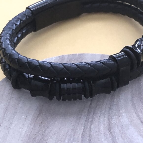 Mens Bracelet Double Row Black Braided Leather Black Stainless Steel Closure Sz - Picture 4 of 10